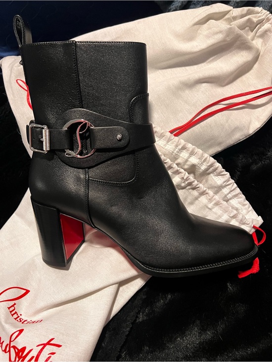 Christian Louboutin Shoes - Christian Louboutin Black Leather Mid-Heel Ankle Boots with Red Sole